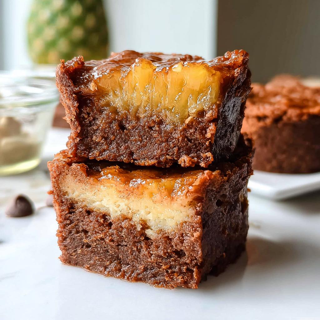 A close-up stack of two Mini Pineapple Upside-Down Cheesecakes, showing rich chocolate cake, creamy cheesecake layer, and caramelized pineapple topping.