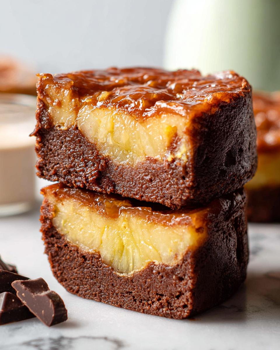 Two mini pineapple upside-down cheesecakes stacked, showing rich chocolate cake with pineapple slices and caramel topping.