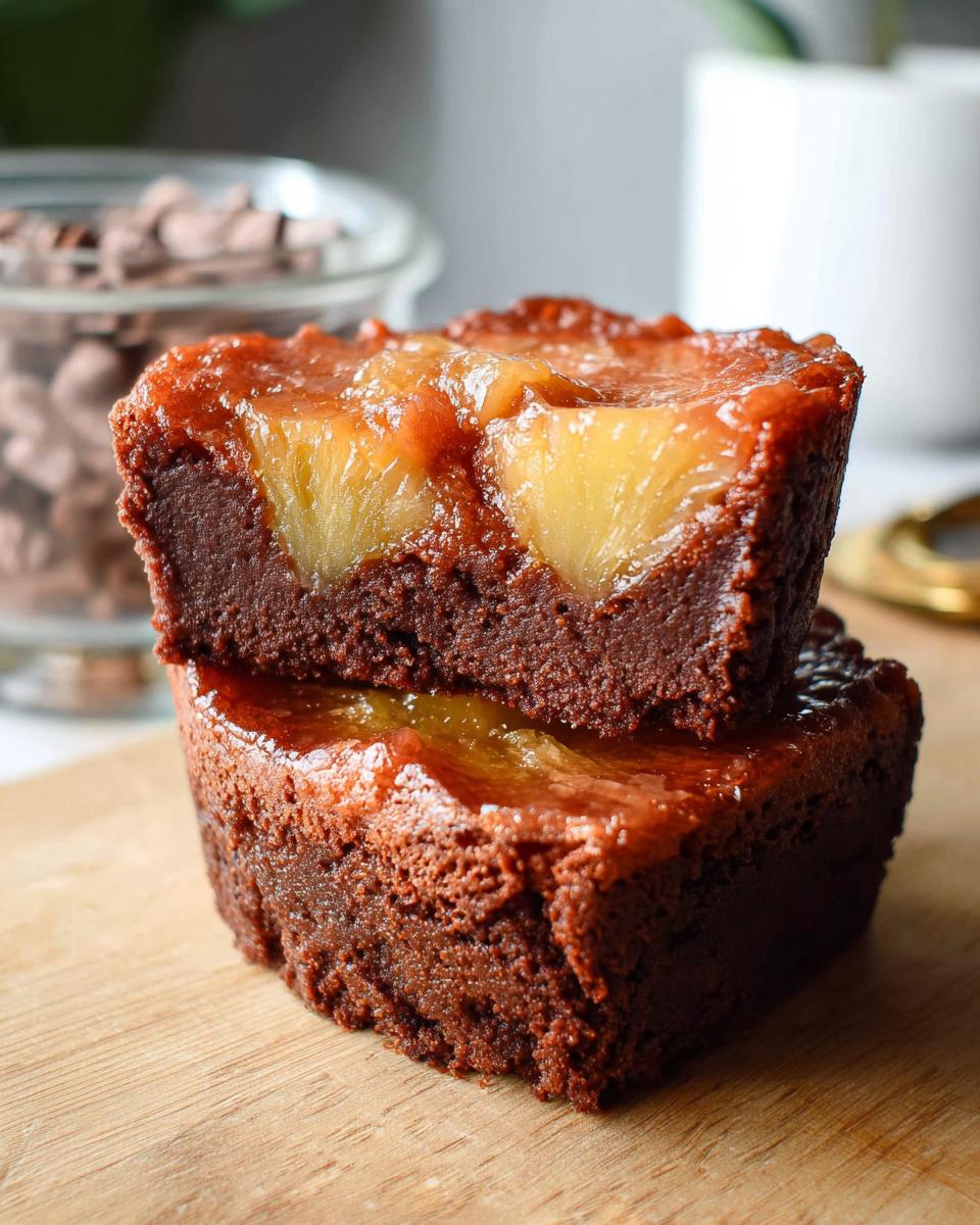 Two mini pineapple upside-down cheesecakes stacked on a wooden board, showing pineapple slices and caramel topping.