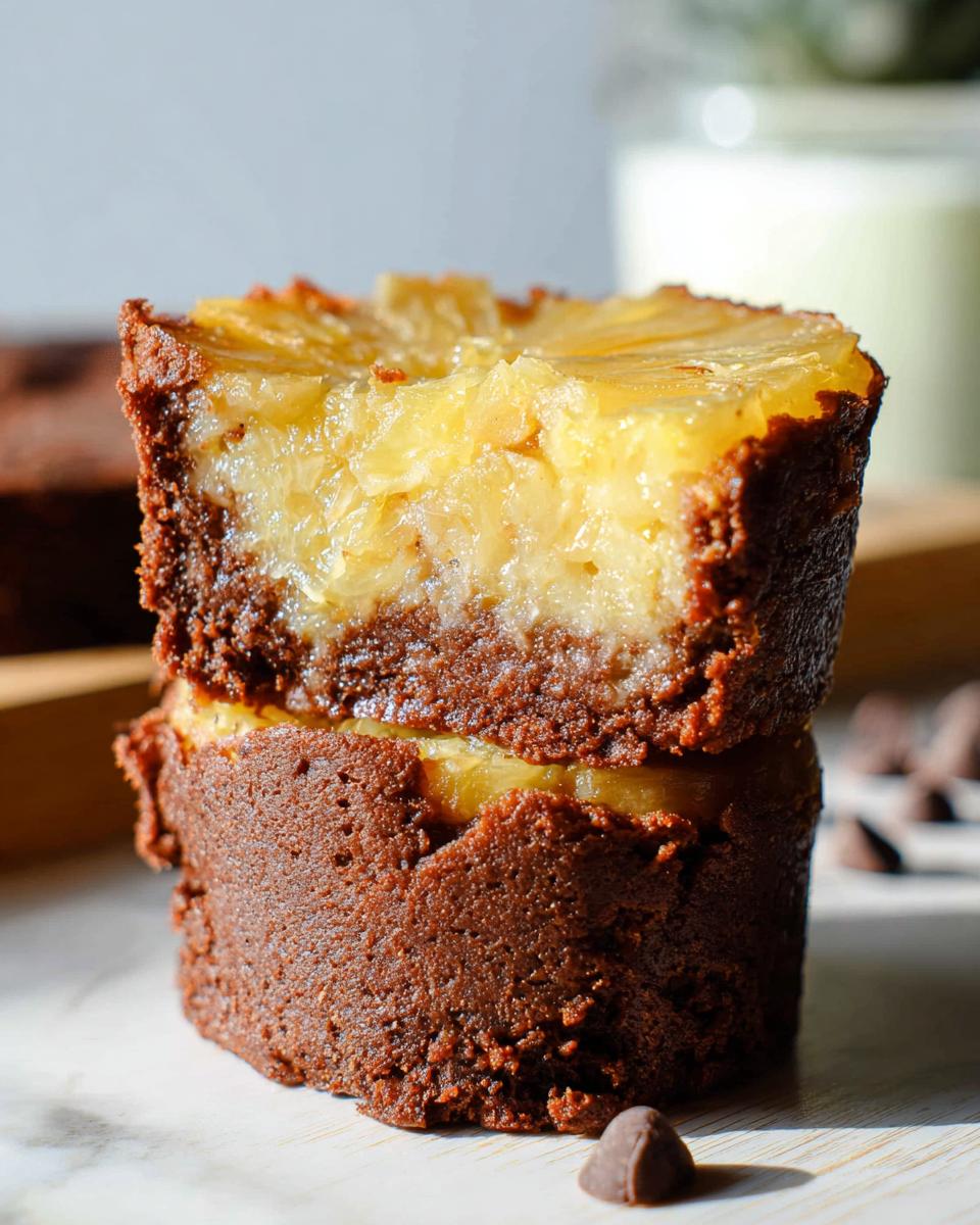 A stack of two mini pineapple upside-down cheesecakes, showing the chocolate cake base and pineapple topping.