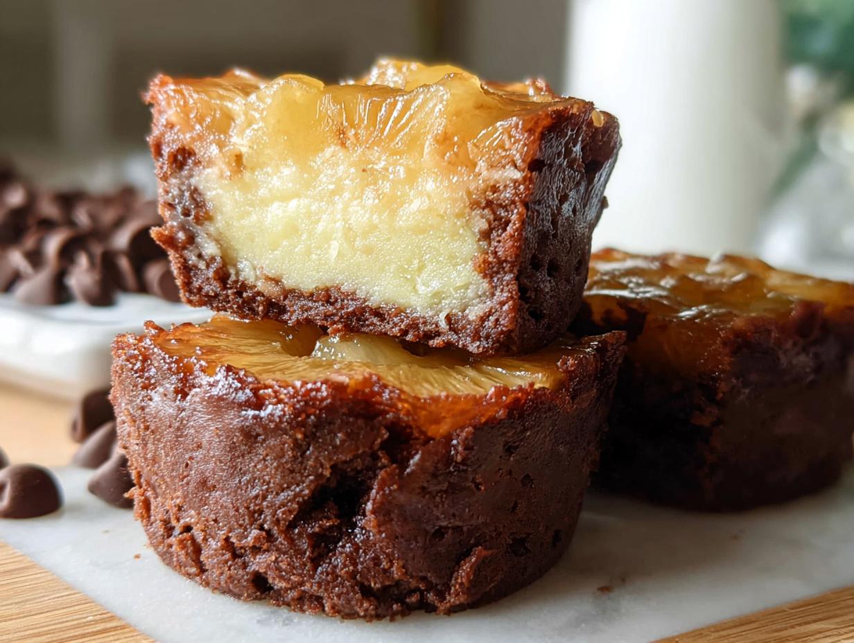 A close-up of two mini pineapple upside-down cheesecakes stacked, showing the rich chocolate cake and creamy cheesecake filling.