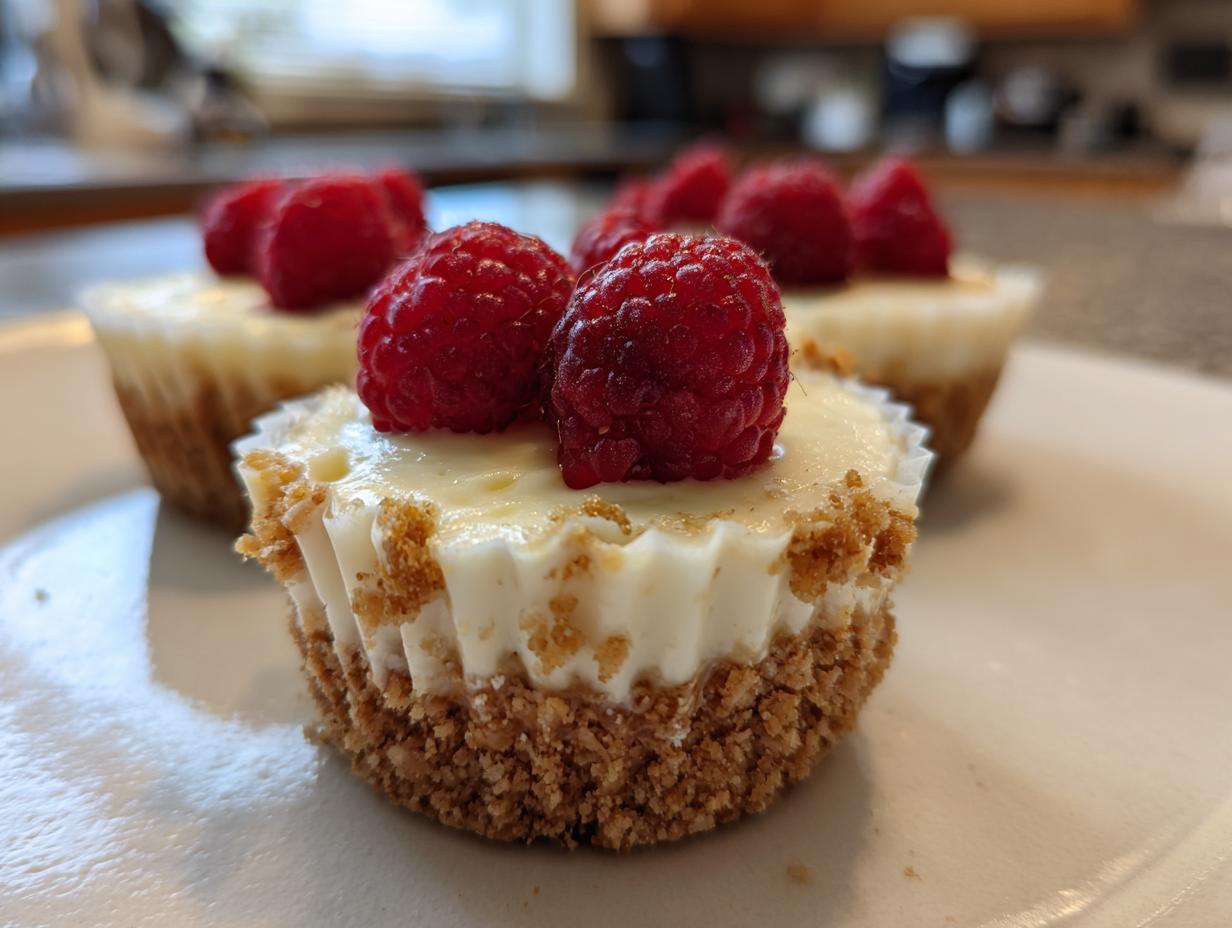 Close-up of no bake cheesecake cups topped with fresh raspberries, perfect for Fourth of July desserts.