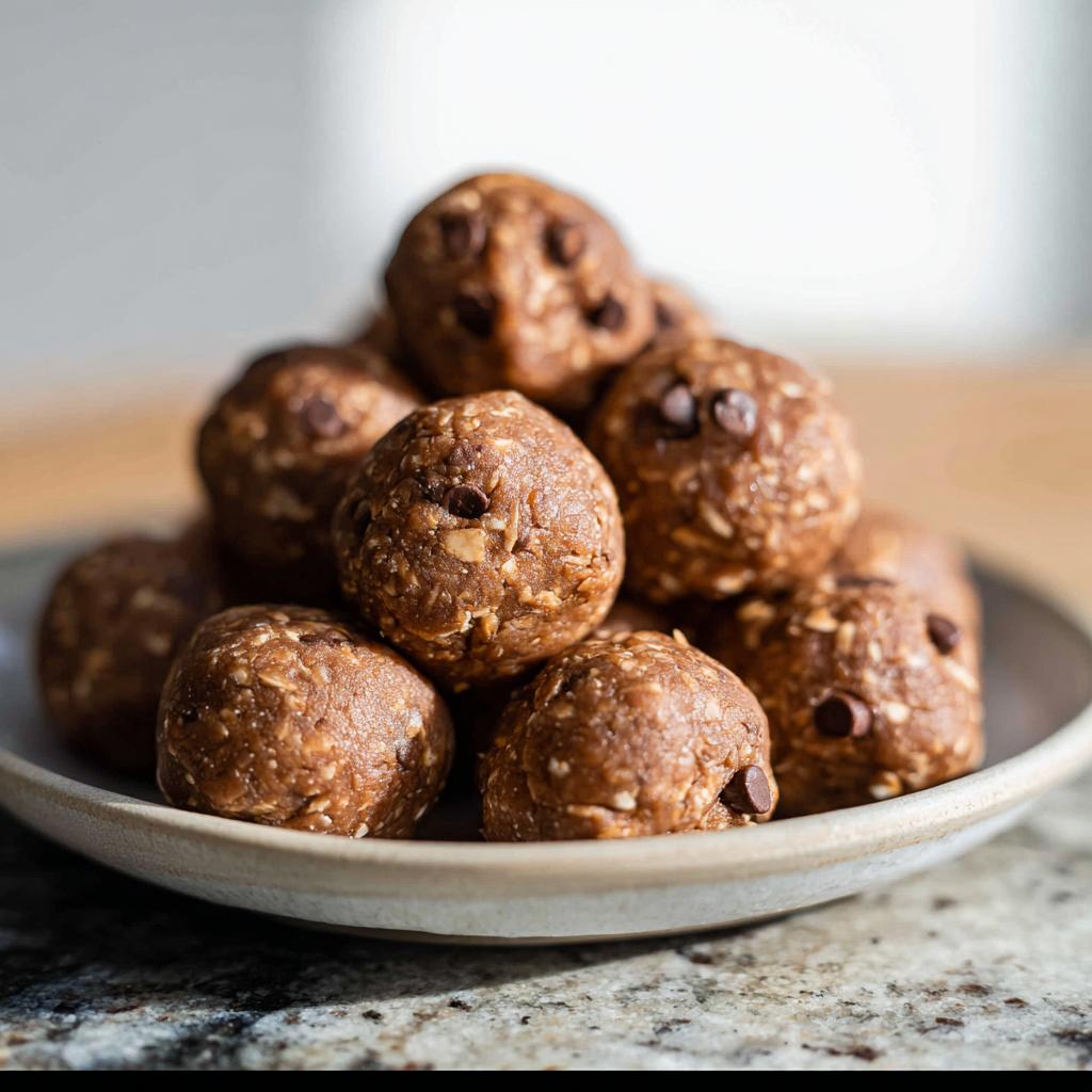 A close-up shot of a pile of No-Bake Chocolate Peanut Butter Protein Balls, showing chocolate chips and oats.