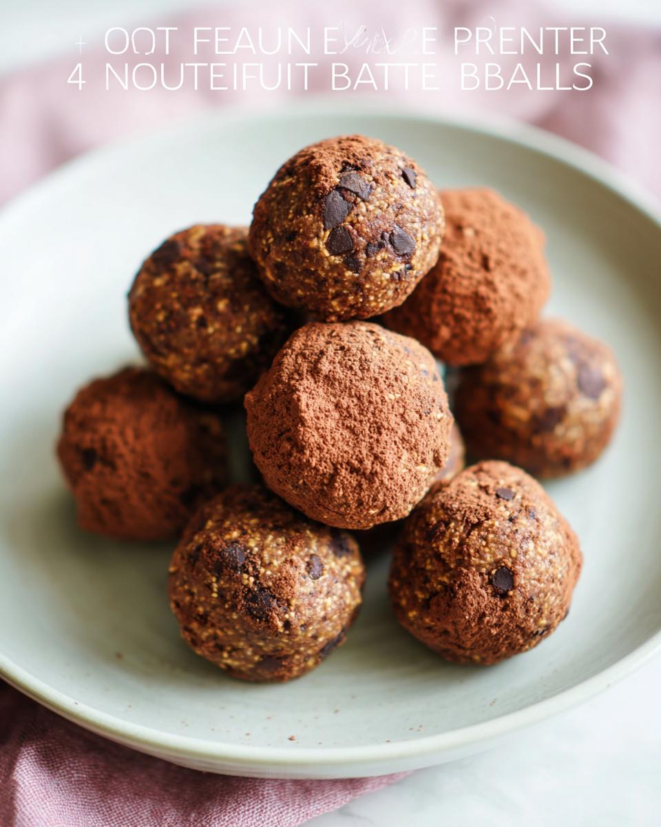 A stack of no-bake chocolate peanut butter protein balls, some rolled in cocoa powder, on a plate.