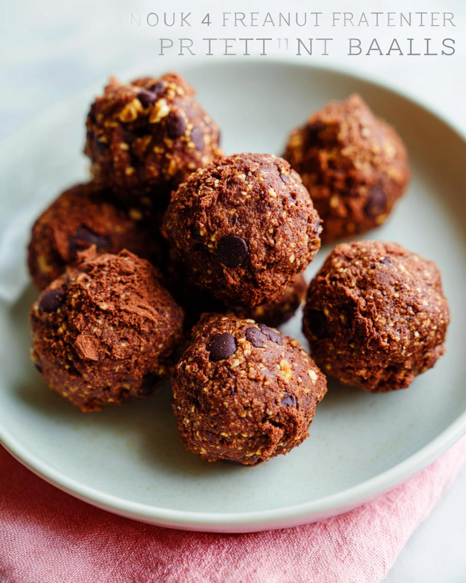 A pile of No-Bake Chocolate Peanut Butter Protein Balls on a light gray plate, some dusted with cocoa powder.