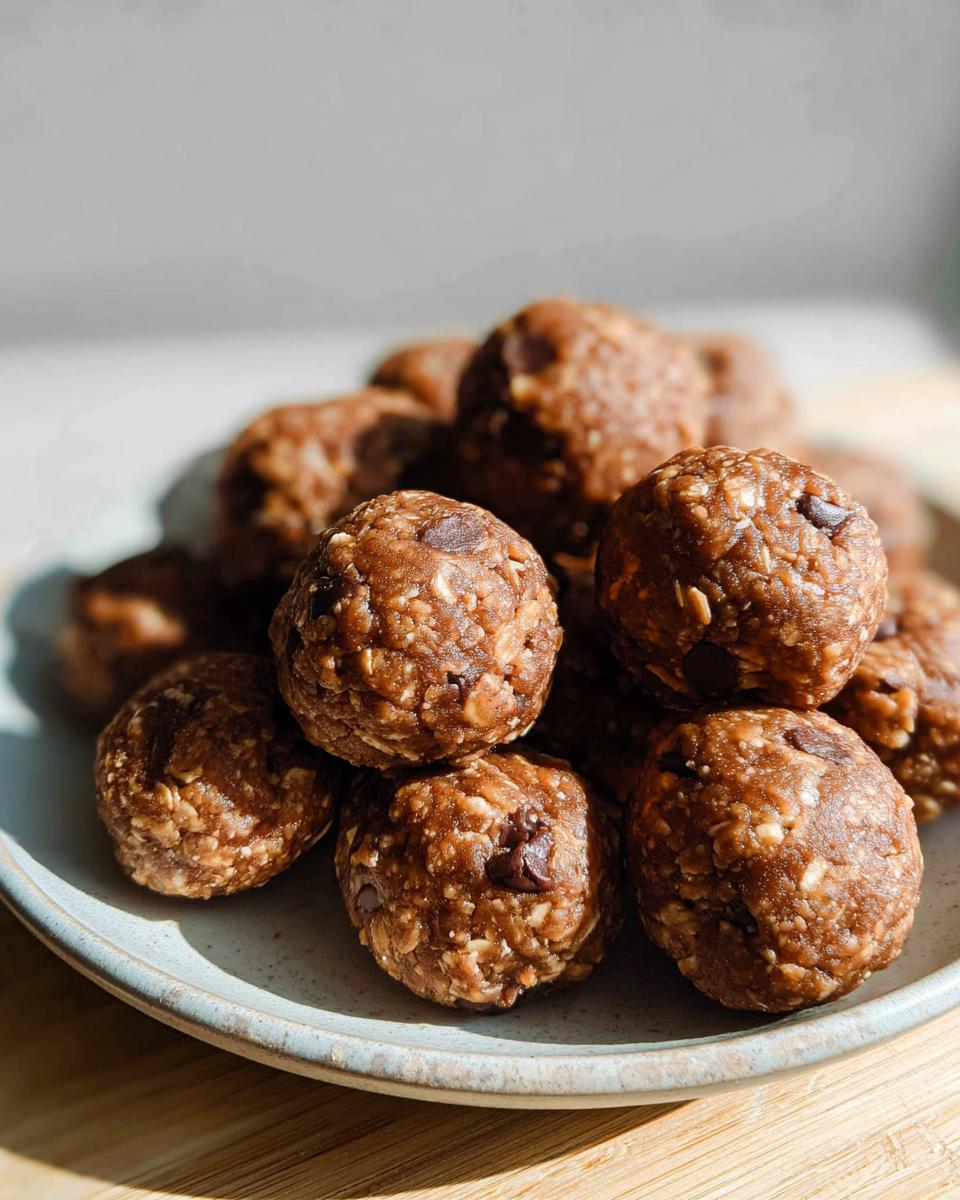 A close-up of a pile of delicious No-Bake Chocolate Peanut Butter Protein Balls on a plate.