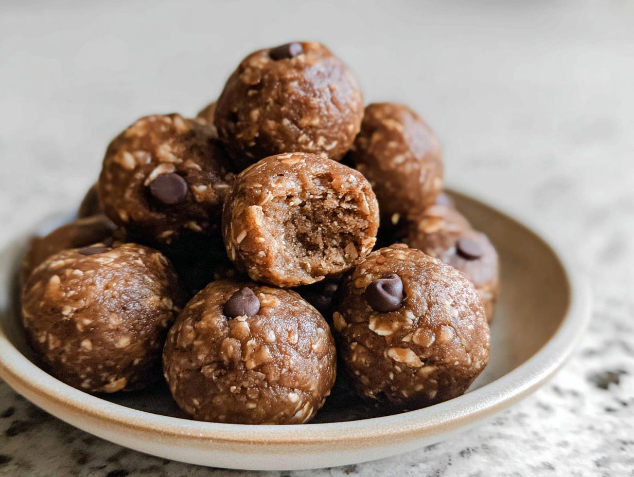 A pile of No-Bake Chocolate Peanut Butter Protein Balls, one with a bite taken out, showing oats and chocolate chips.
