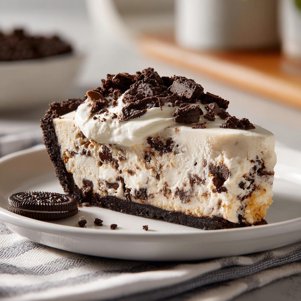 A delicious slice of no bake Oreo cheesecake topped with whipped cream and crushed Oreos.