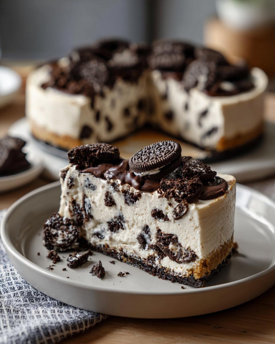 A slice of no bake Oreo cheesecake topped with chocolate ganache and crushed Oreos, showcasing chunks of Oreo cookies within the creamy filling.