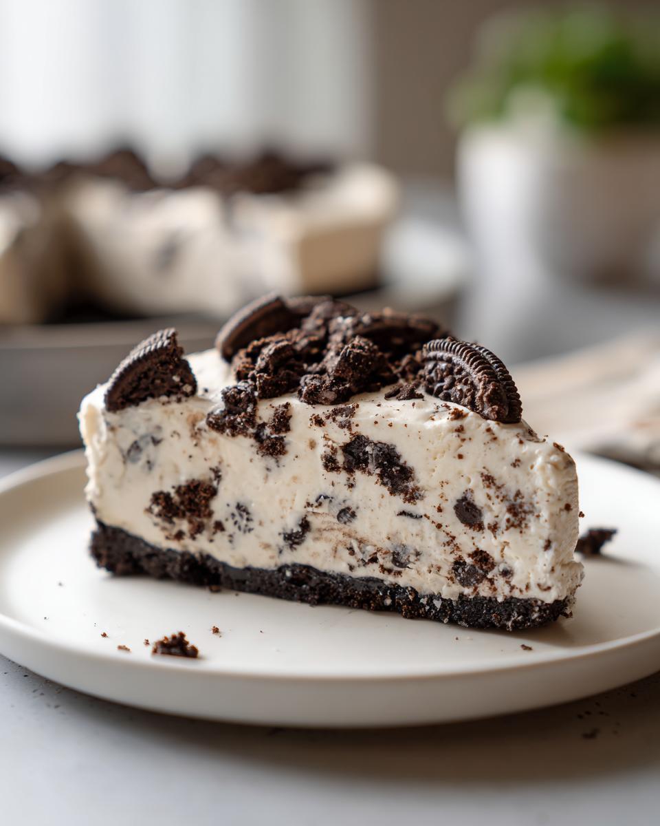 A slice of no bake Oreo cheesecake on a white plate, topped with crushed Oreos and whole Oreo cookies.
