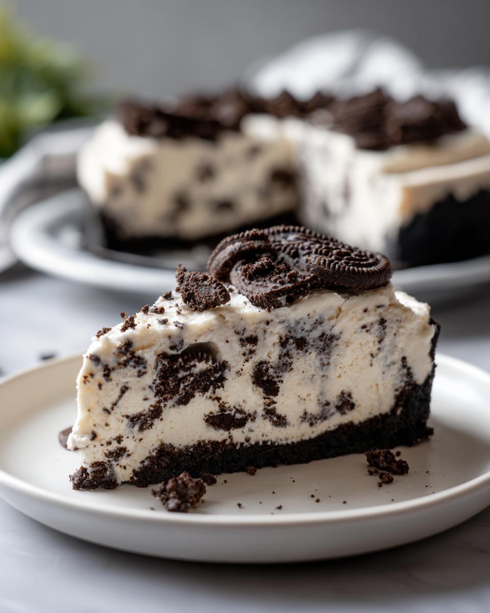 A slice of no bake Oreo cheesecake with a chocolate cookie crust and Oreo pieces throughout.