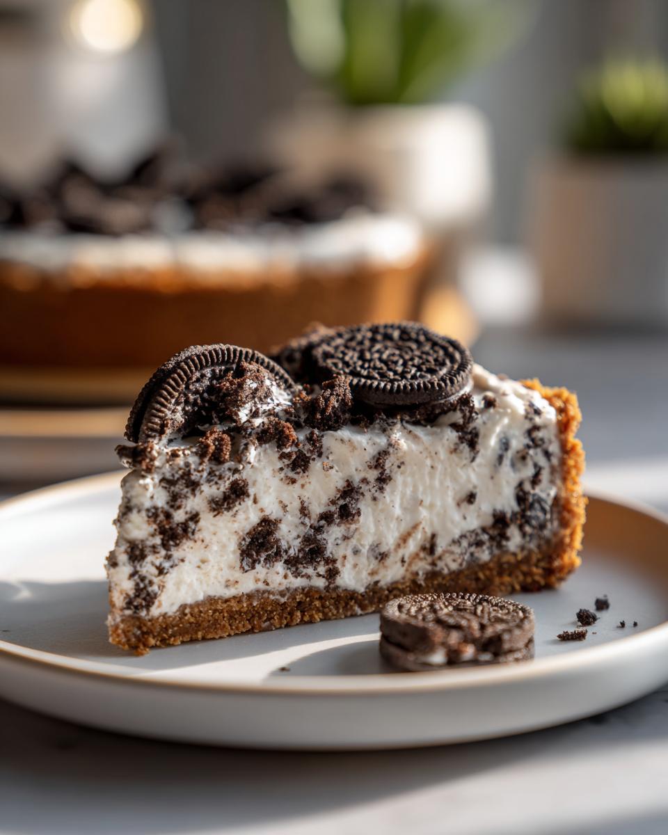 A slice of no bake Oreo cheesecake with crushed Oreos and whole Oreos on top, served on a plate.