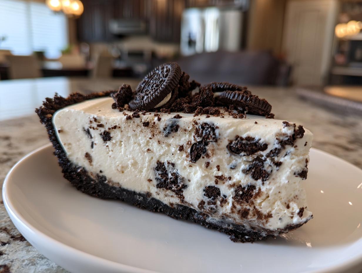 A slice of no bake Oreo cheesecake with a chocolate cookie crust and Oreo cookie pieces throughout.