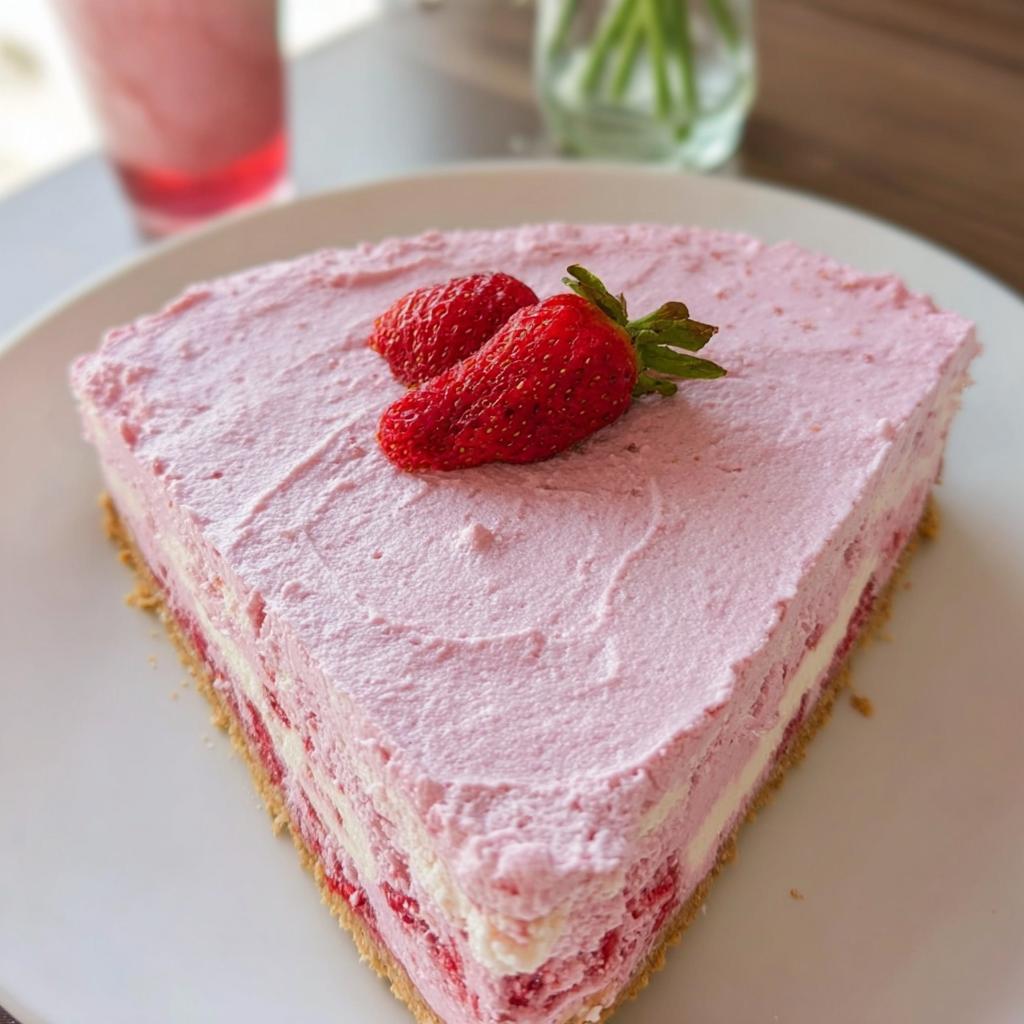 A slice of light and healthy no-bake strawberry cloud cake, topped with fresh strawberries.