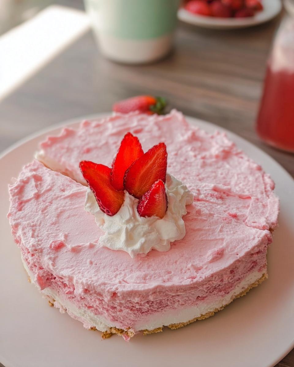 A slice of no-bake strawberry cloud cake topped with whipped cream and fresh strawberries.