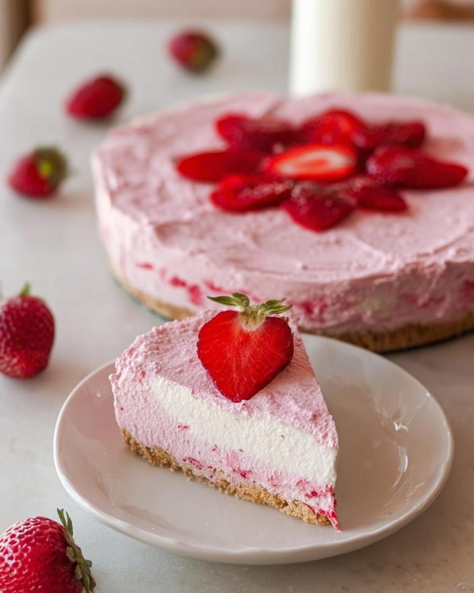 A slice of no-bake strawberry cloud cake topped with a fresh strawberry half, on a white plate.
