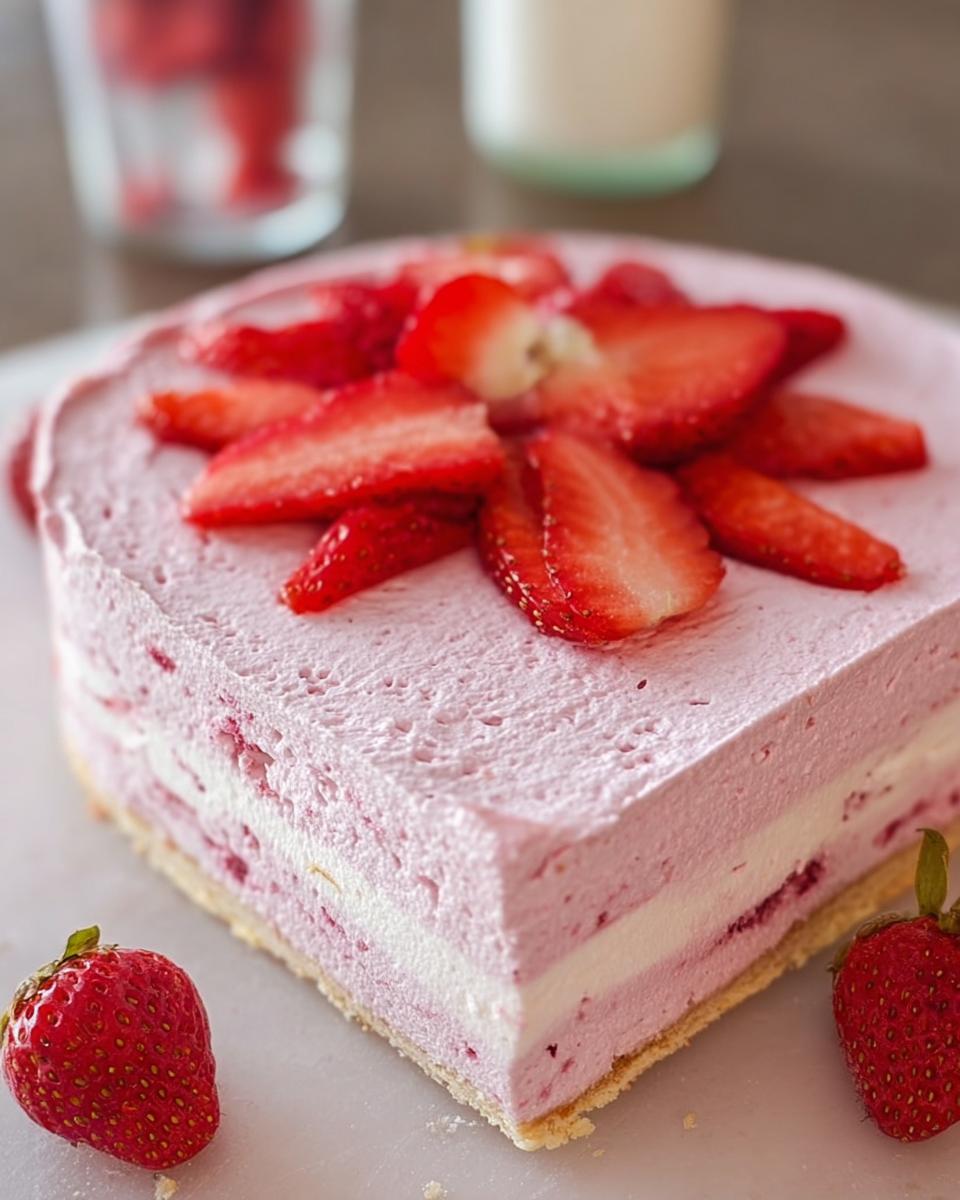 A slice of no-bake strawberry cloud cake topped with fresh strawberry slices.