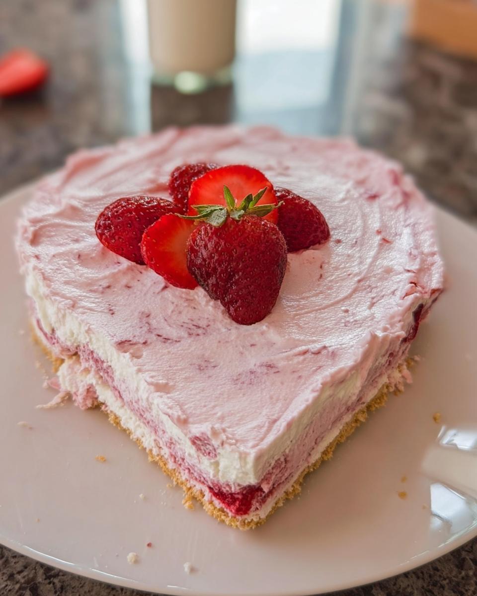 A slice of no-bake strawberry cloud cake, topped with fresh strawberries.