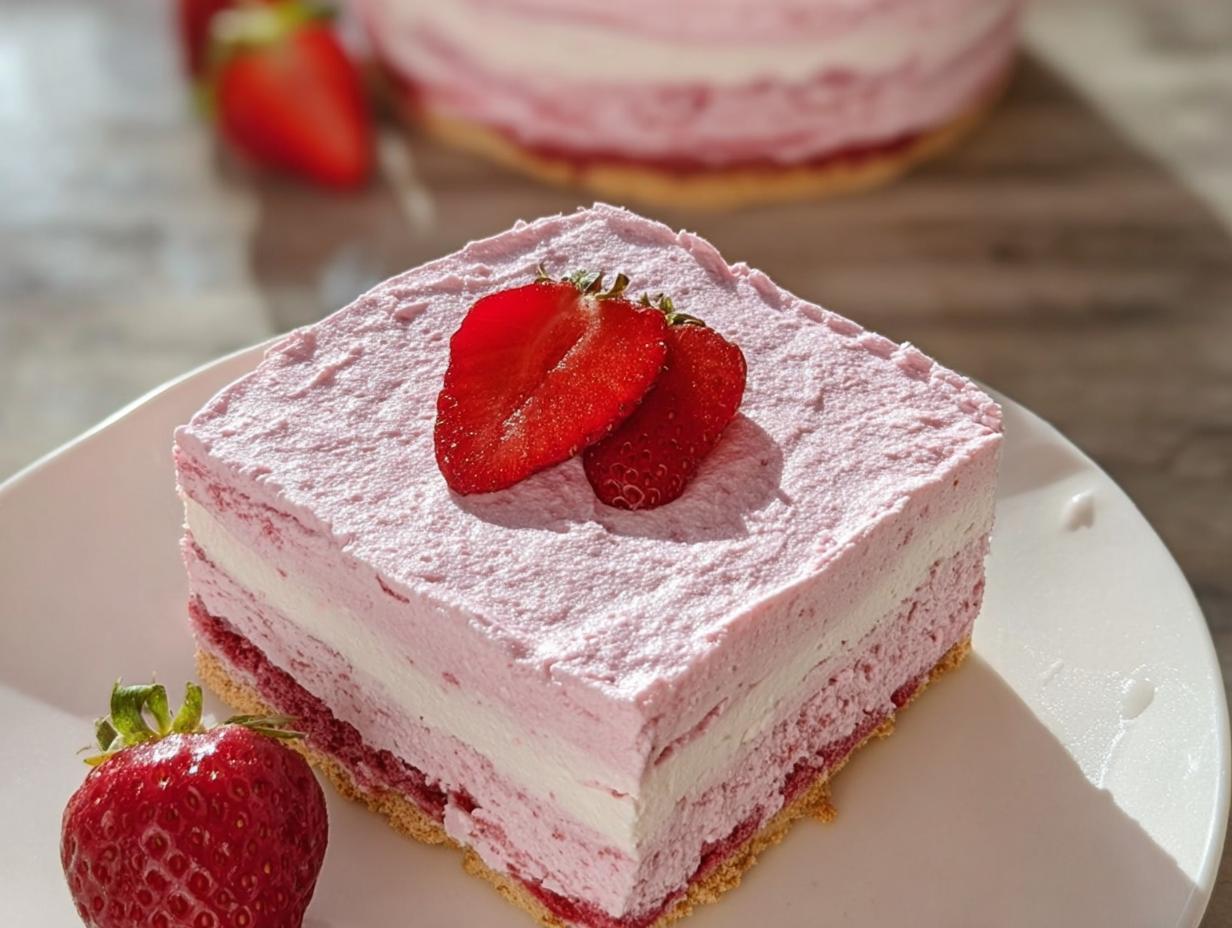 A slice of no-bake strawberry cloud cake topped with fresh strawberries on a white plate.