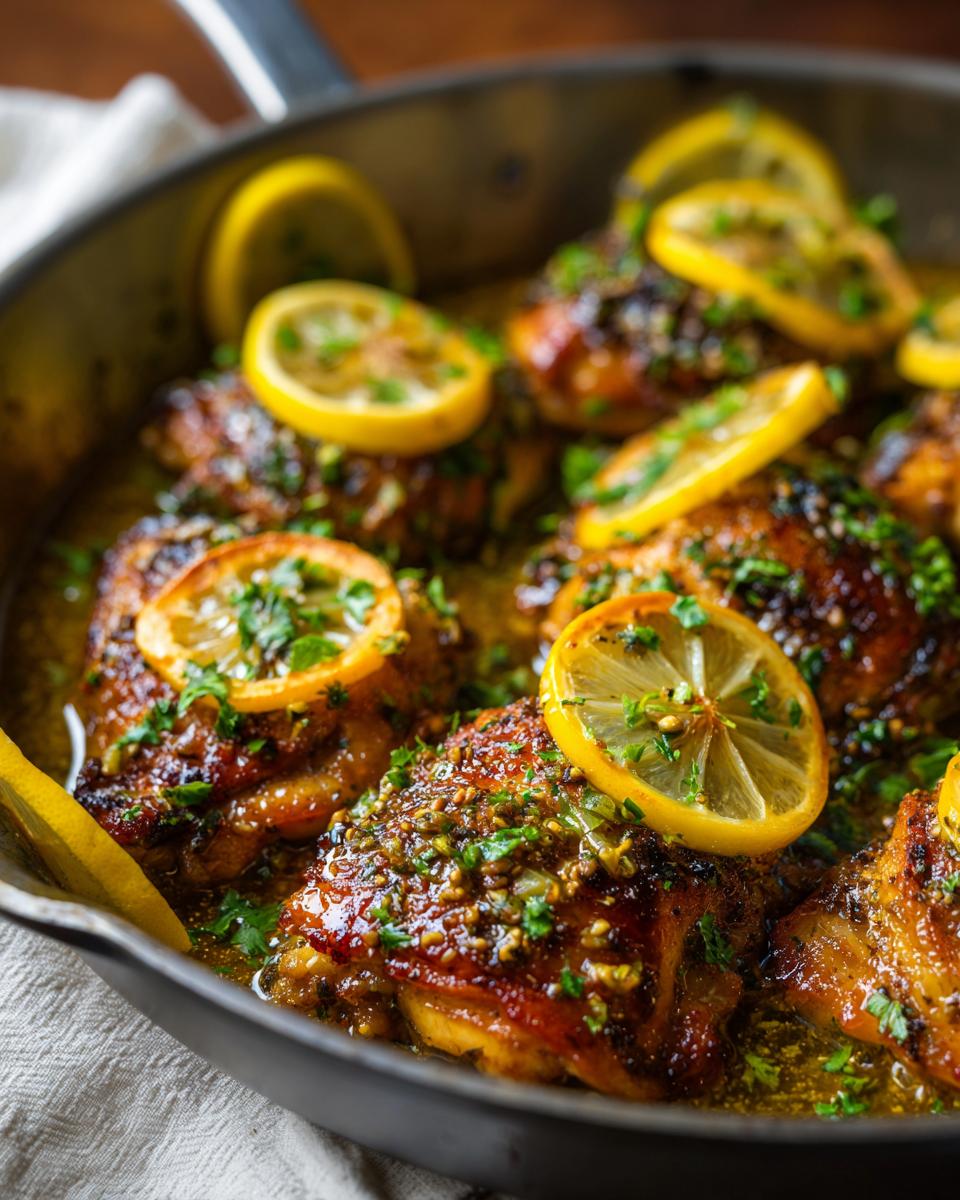 Close-up of juicy One Pan Lemon Chicken thighs in a skillet, garnished with lemon slices and fresh parsley.