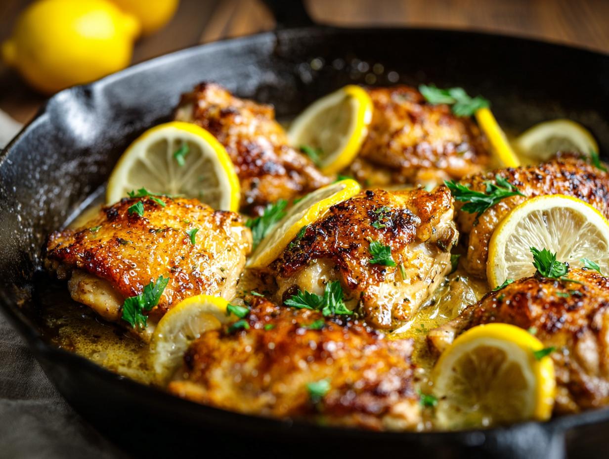 Golden brown pan-seared chicken thighs with lemon slices and parsley in a cast iron skillet, part of an easy dinner recipe.
