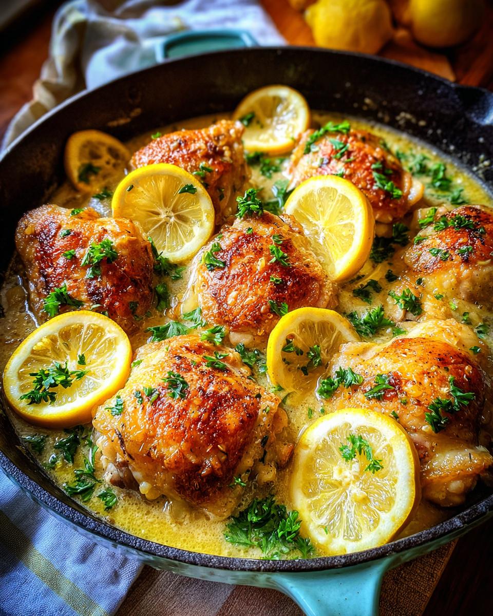 Close-up of juicy, golden-brown chicken thighs in a creamy lemon sauce, garnished with fresh lemon slices and parsley.