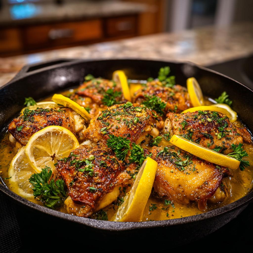 A close-up of a cast iron skillet filled with juicy One Pan Lemon Chicken, garnished with fresh parsley and lemon slices.
