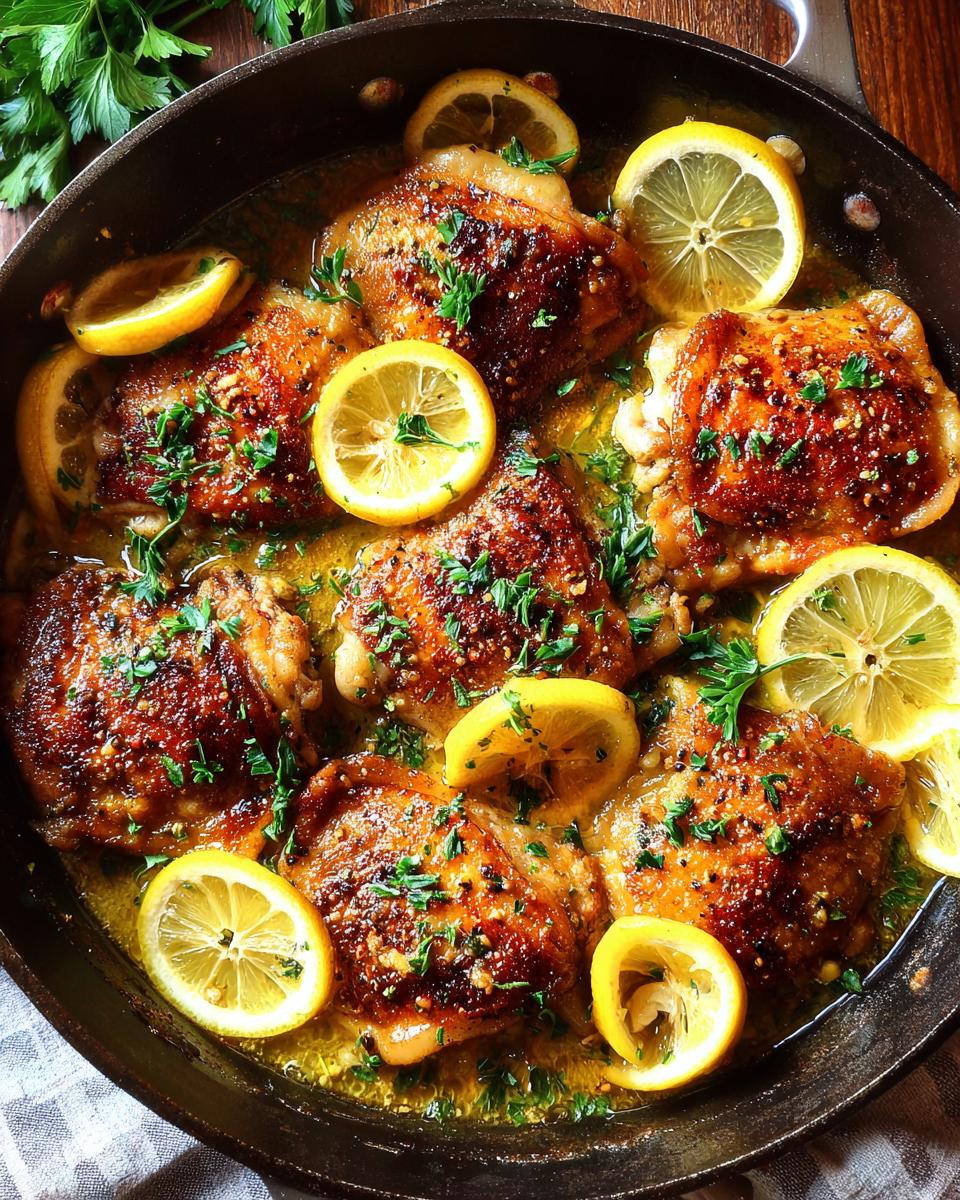 Close-up of juicy, golden-brown lemon chicken thighs cooked in a skillet with lemon slices and fresh parsley.
