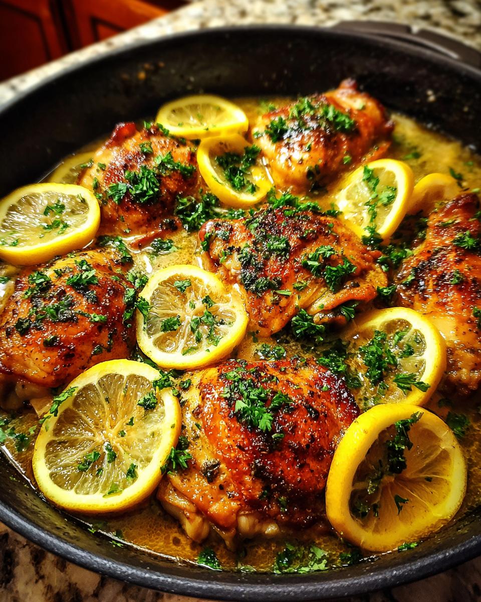 Close-up of juicy, golden-brown chicken thighs cooked in a pan with lemon slices and fresh parsley.