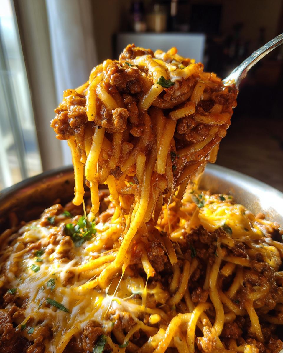 A fork lifting a generous portion of one pot taco pasta, showing spaghetti noodles, seasoned ground beef, and melted cheese.