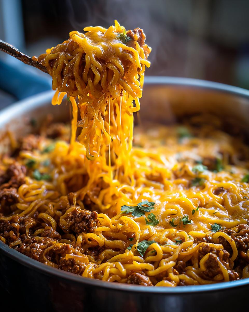 A close-up of a spoonful of steamy one pot taco pasta, loaded with melted cheddar cheese and garnished with cilantro.