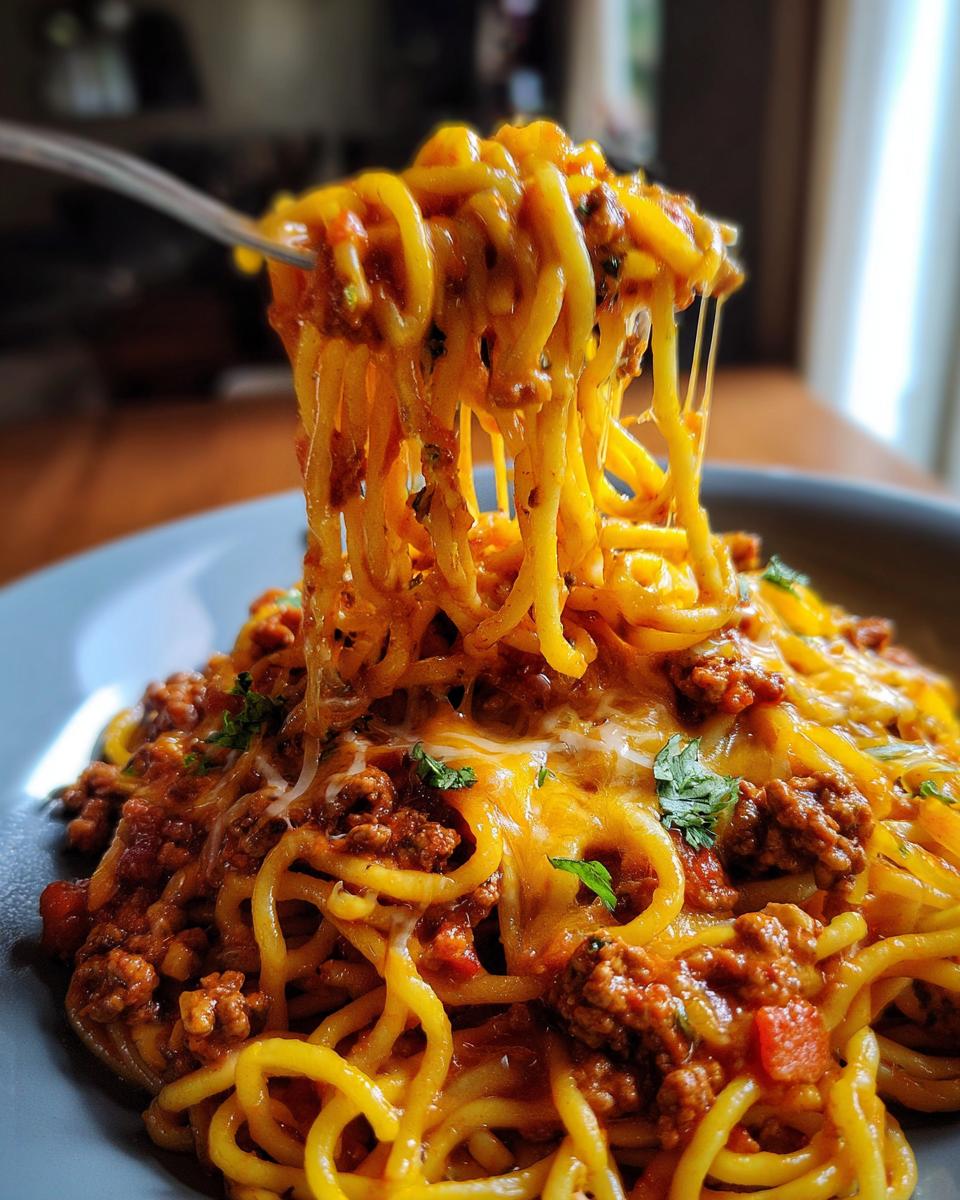 A fork lifting a cheesy tangle of One Pot Taco Pasta, showing ground beef, sauce, and melted cheddar cheese.