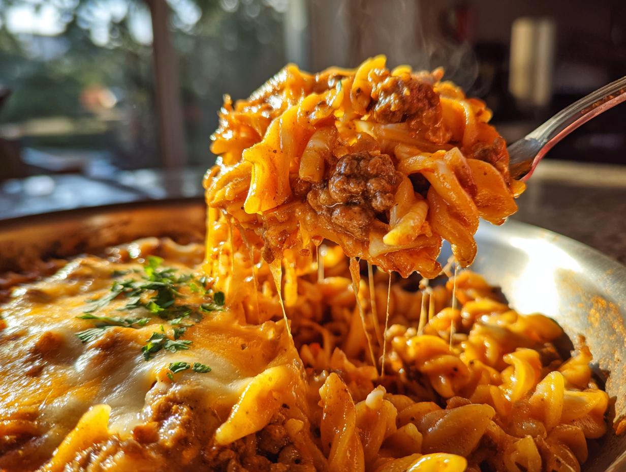 A fork lifts a cheesy portion of one pot taco pasta, showing melted cheese strings and ground beef mixed with rotini pasta.