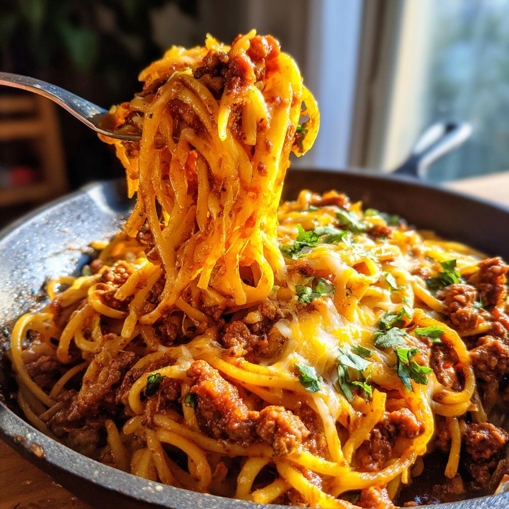 A fork lifting a generous portion of cheesy One Pot Taco Pasta, garnished with fresh parsley.