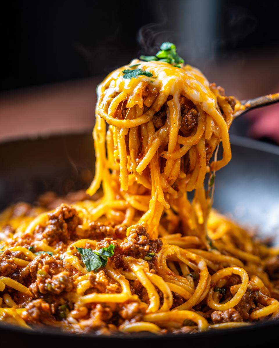 A fork lifting a generous portion of steamy one pot taco pasta covered in melted cheese and garnished with cilantro.