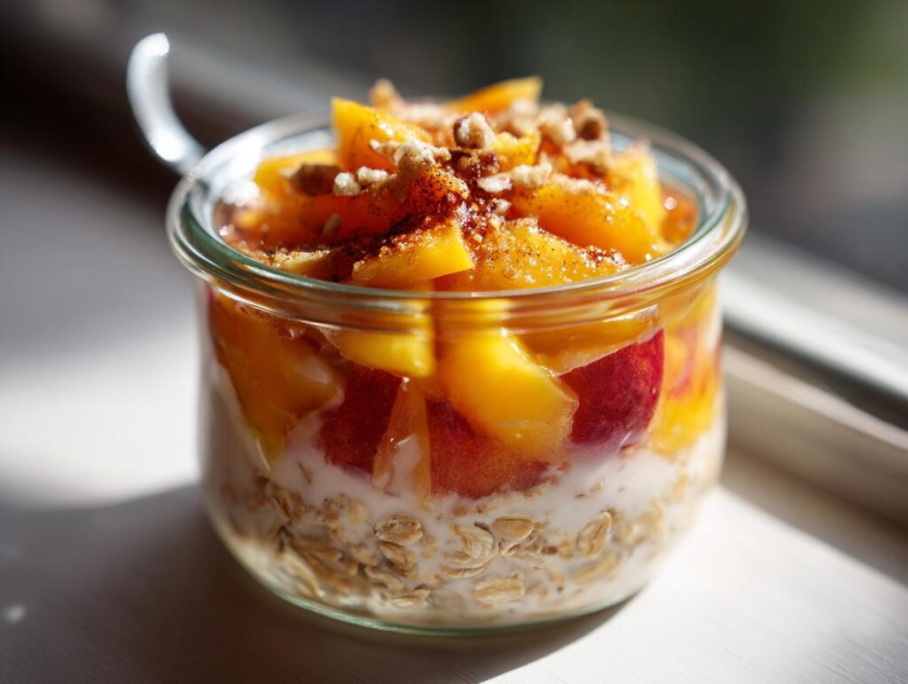 Overnight oats in a glass jar topped with fresh peaches, cinnamon, and a sprinkle of nuts.