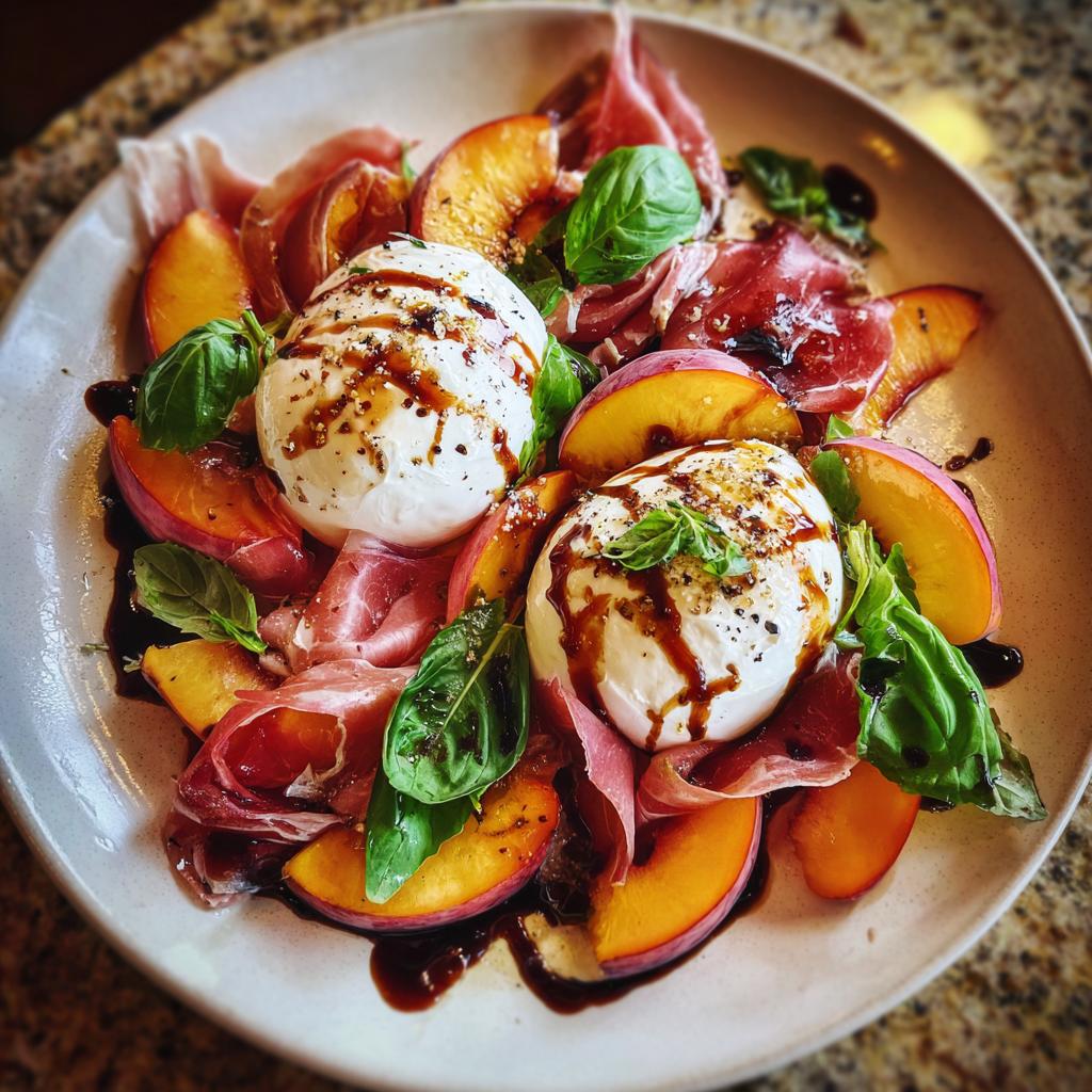 A beautiful Peach Burrata Platter with fresh peaches, creamy burrata cheese, prosciutto, and basil, drizzled with balsamic glaze.