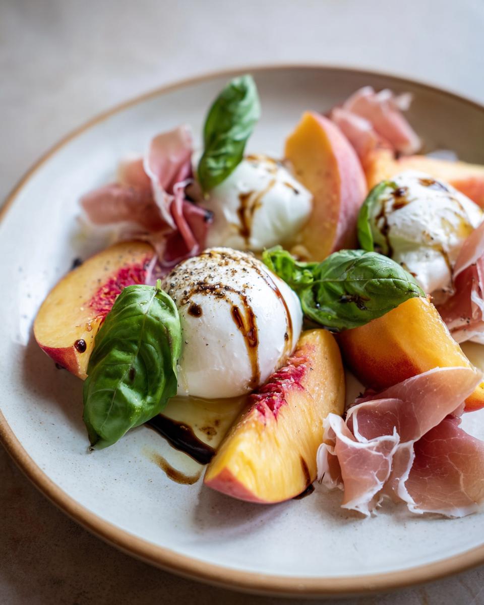 A refreshing Peach Burrata Platter with fresh peaches, creamy burrata cheese, prosciutto, and basil leaves, drizzled with balsamic glaze.
