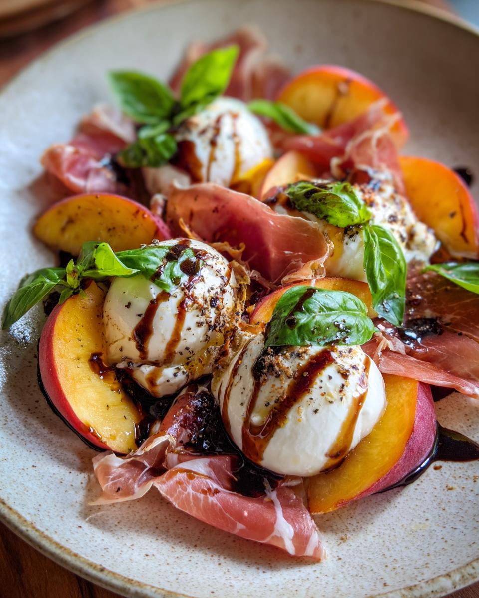 A vibrant Peach Burrata Platter with fresh peaches, creamy burrata cheese, prosciutto, and basil leaves, drizzled with balsamic glaze.