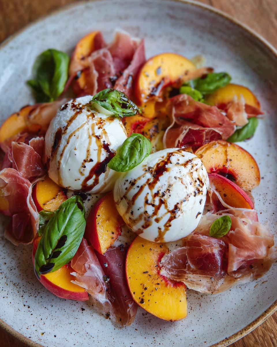 A refreshing Peach Burrata Platter with fresh peaches, creamy burrata cheese, prosciutto, and basil, drizzled with balsamic glaze.