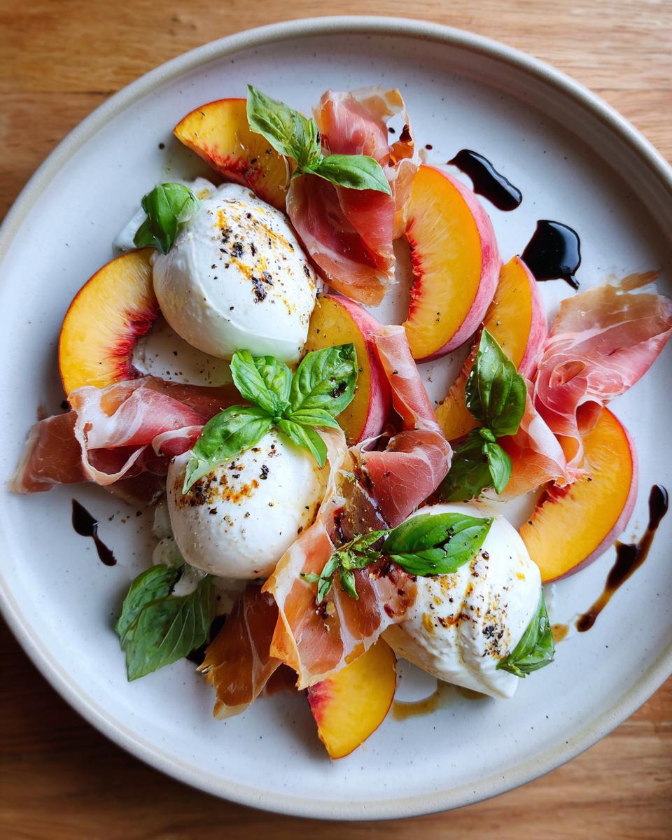 A beautiful Peach Burrata Platter with fresh peaches, creamy burrata cheese, prosciutto, and basil leaves, drizzled with balsamic glaze.