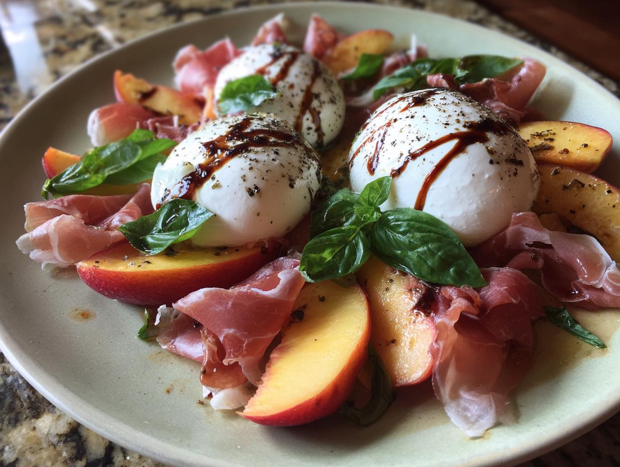 A refreshing Peach Burrata Platter featuring fresh peaches, creamy burrata cheese, prosciutto, and basil, drizzled with balsamic glaze.
