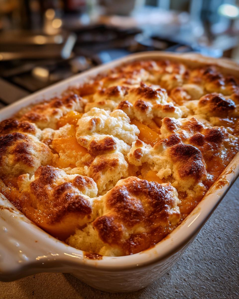 A close-up of a golden-brown peach cobbler with brown sugar topping baked in a white dish.