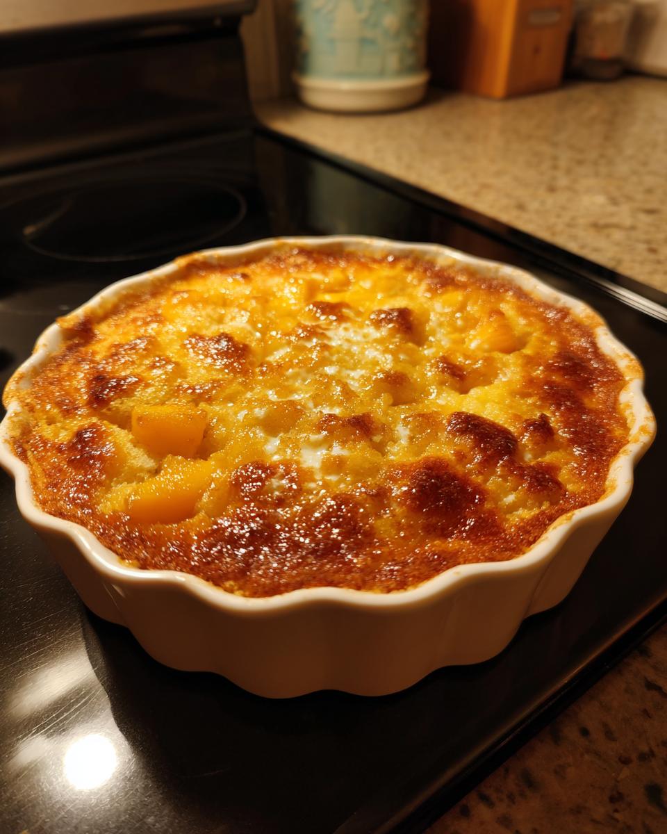 A freshly baked peach cobbler with brown sugar topping, golden brown and bubbling in a white ramekin.