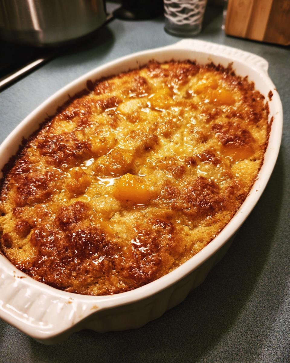 A golden-brown baked peach cobbler with brown sugar topping, ready for a summer dessert.