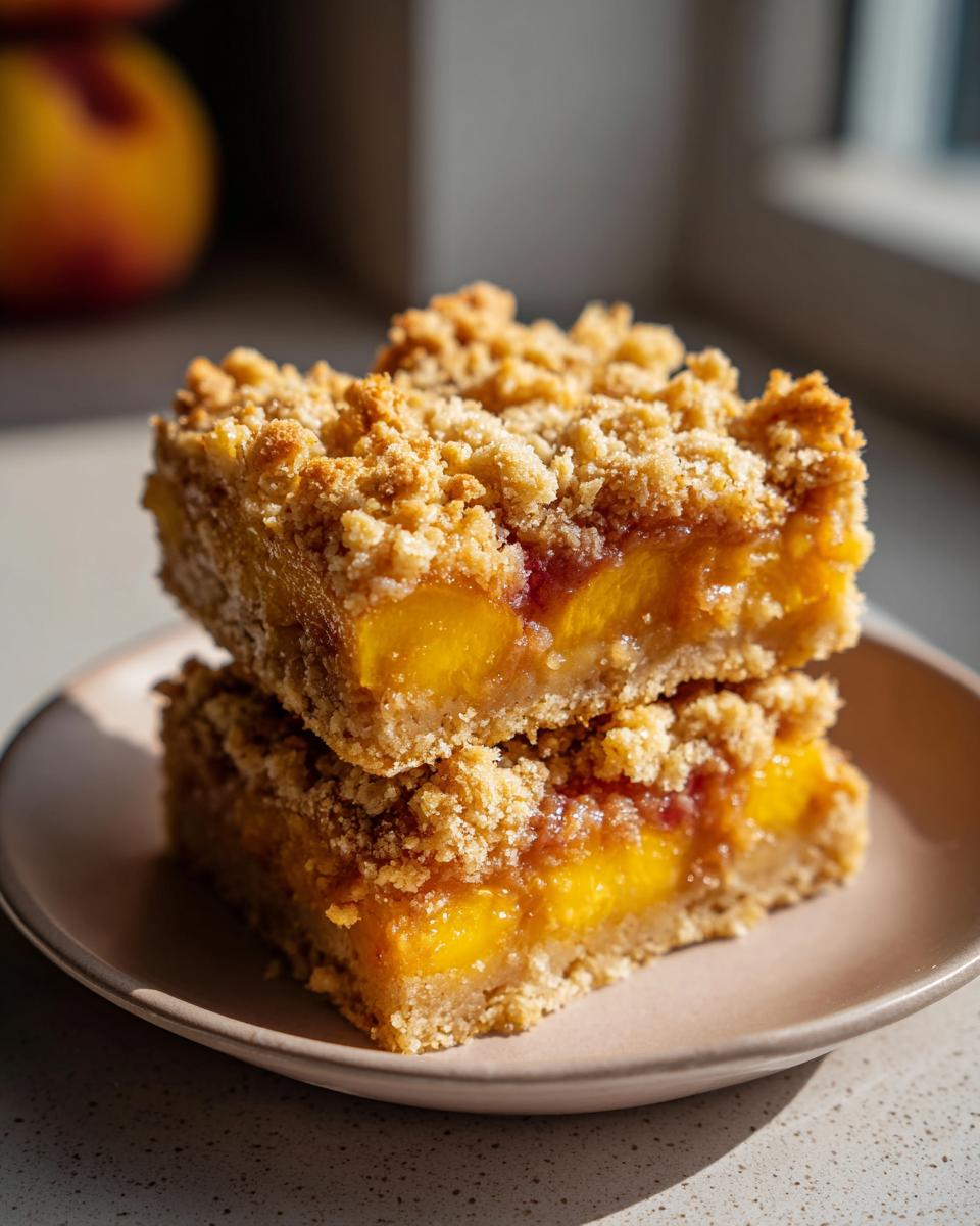 Two stacked peach crumble bars with a buttery oat topping, showcasing juicy peach slices.