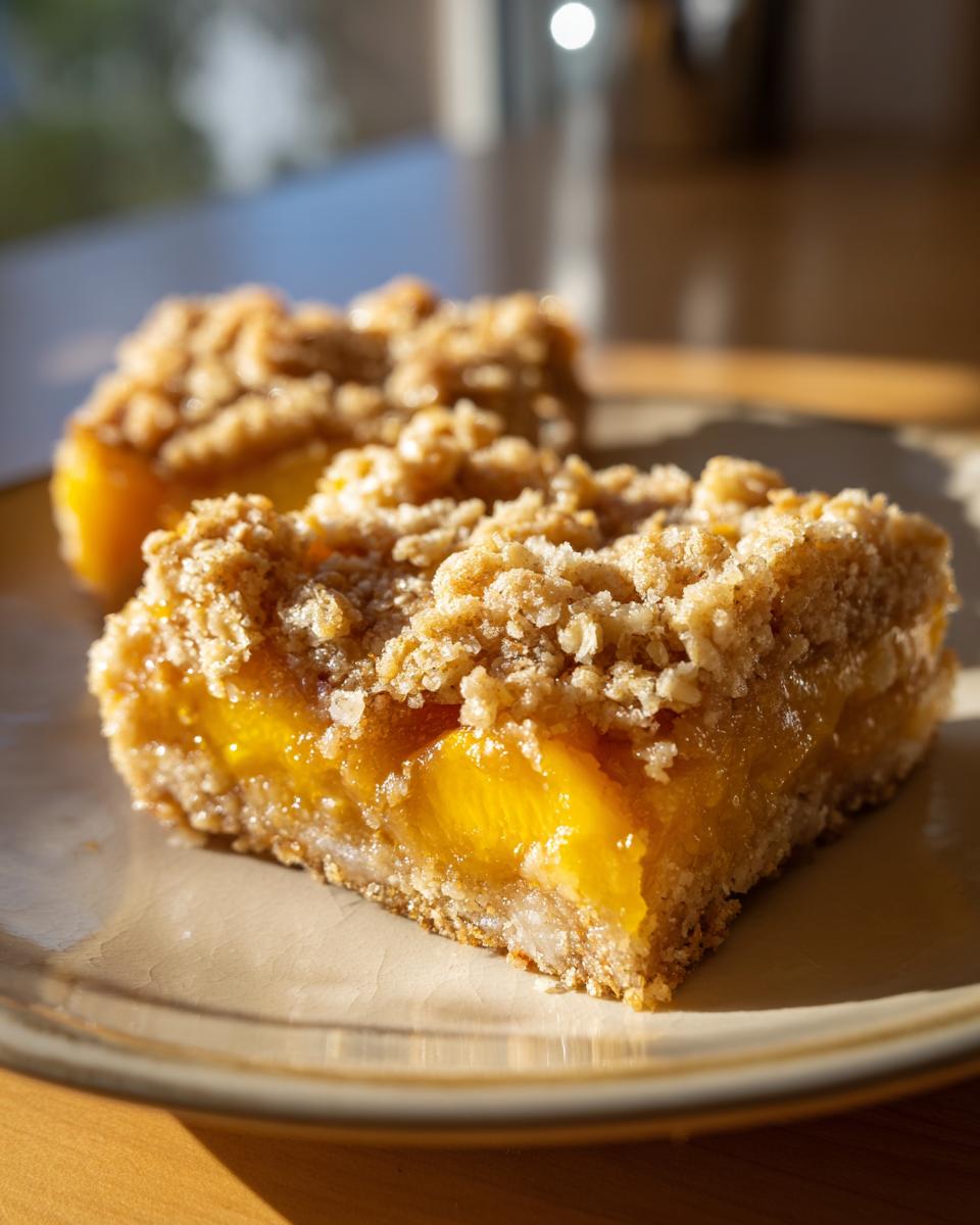 Close-up of two delicious peach crumble bars with a buttery oat topping on a plate.