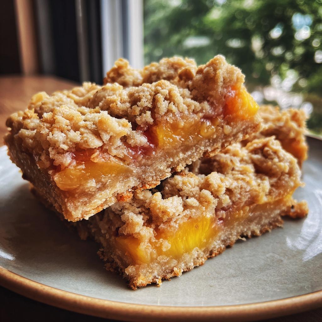Close-up of two Peach Crumble Bars With Buttery Oat Topping stacked on a plate, showcasing the juicy peach filling and crumbly topping.