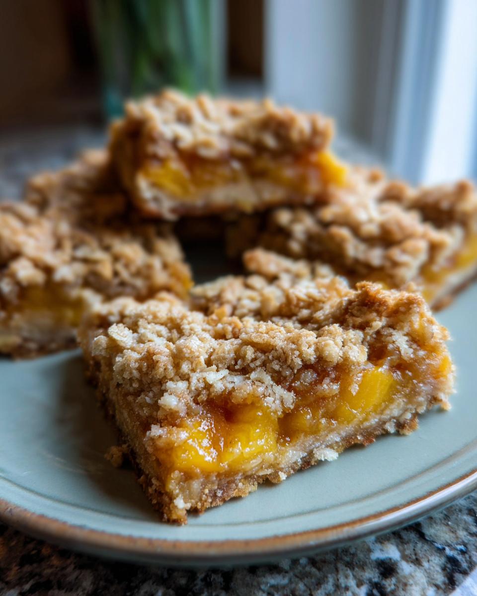 Close-up of delicious peach crumble bars with a buttery oat topping, showcasing the juicy peach filling.