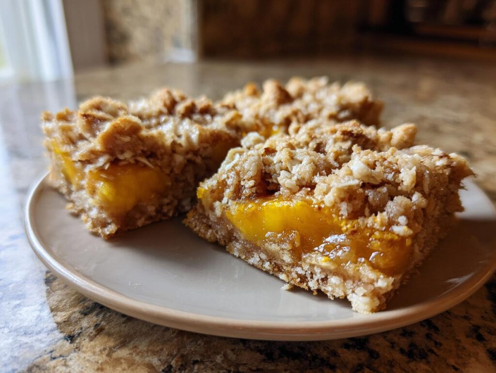 Close-up of delicious peach crumble bars with a thick layer of juicy peaches and a buttery oat topping.